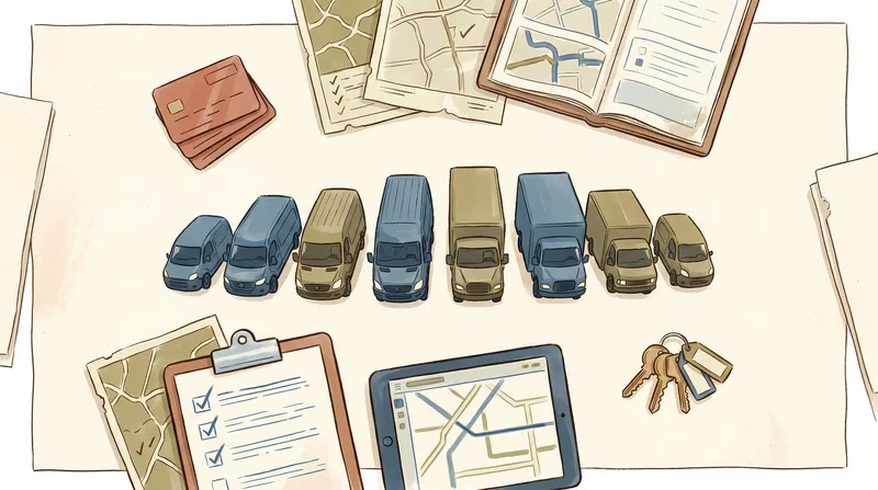 Вид сверху на планирование: служебные автомобили, маршрутные материалы и инструменты диспетчера