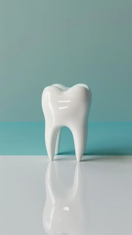 3D-рендеринг реалистичной модели зуба на сине-белом фоне с тенями и отражениями