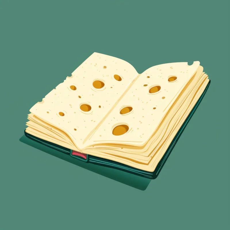 Причудливая иллюстрация открытой книги, напоминающей кусок сыра с дырками, на ярко-зеленом фоне