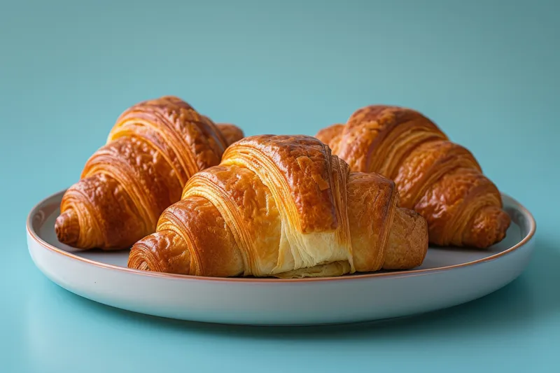 Вкусные свежеиспеченные круассаны, выложенные на белую тарелку на ярком синем фоне