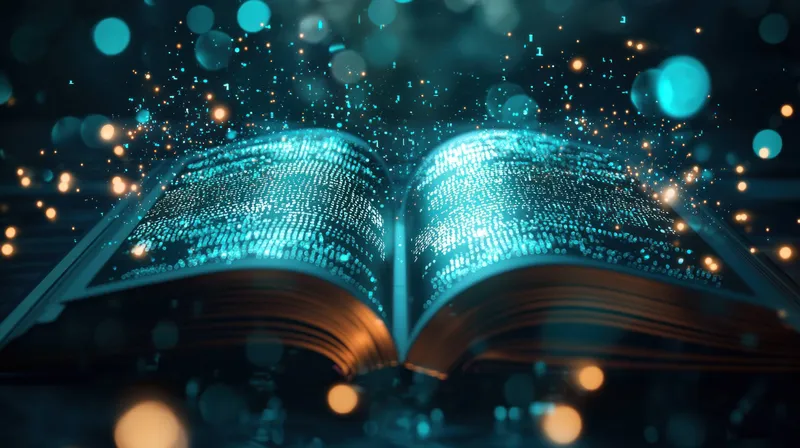 Это завораживающее изображение показывает открытую книгу, из которой исходят светящиеся частицы данных и искры, что символизирует слияние знаний и технологий