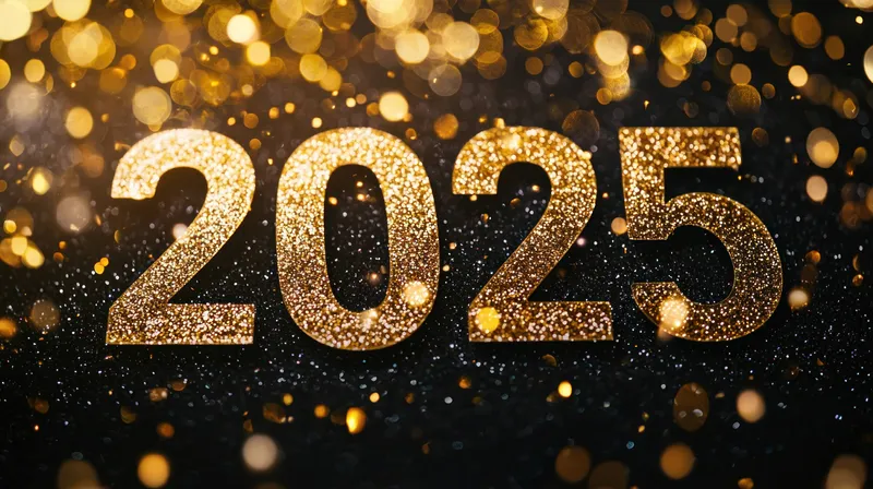 Мерцающие золотые цифры 2025 на черном фоне создают праздничное настроение