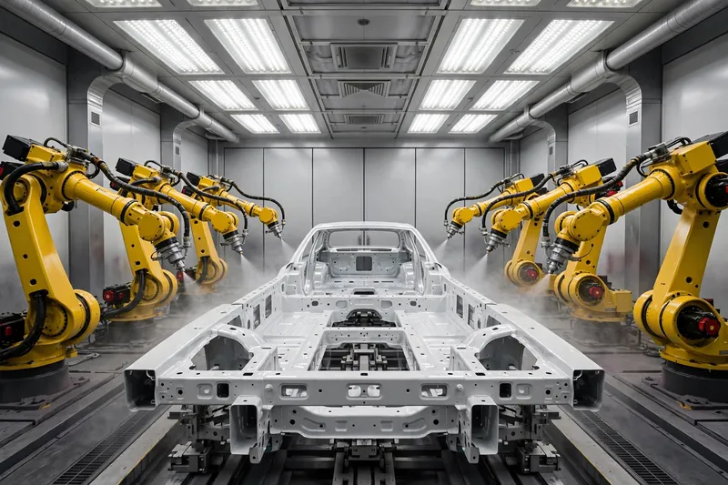 Желтые роботы-манипуляторы собирают кузов автомобиля на заводе