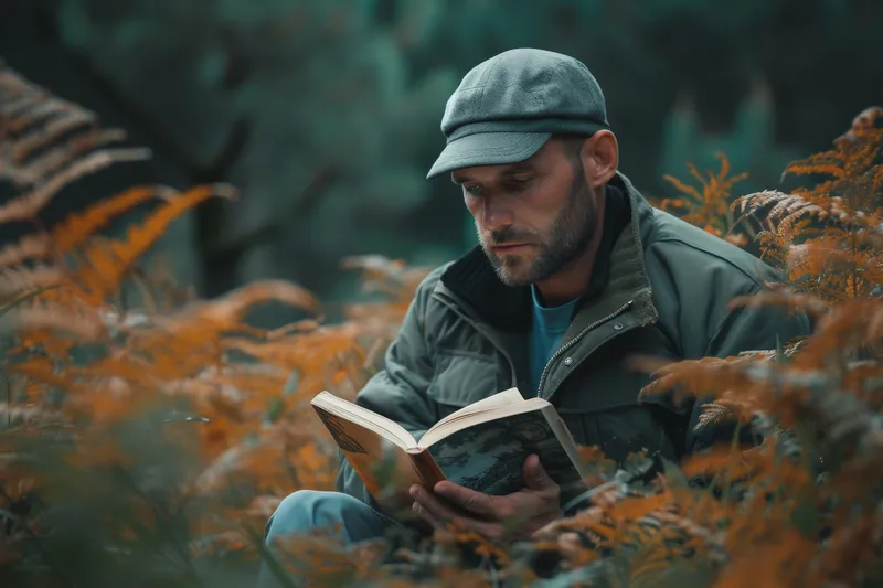 Мужчина, погружённый в чтение книги, сидит посреди пышного поля папоротников в безмятежный день
