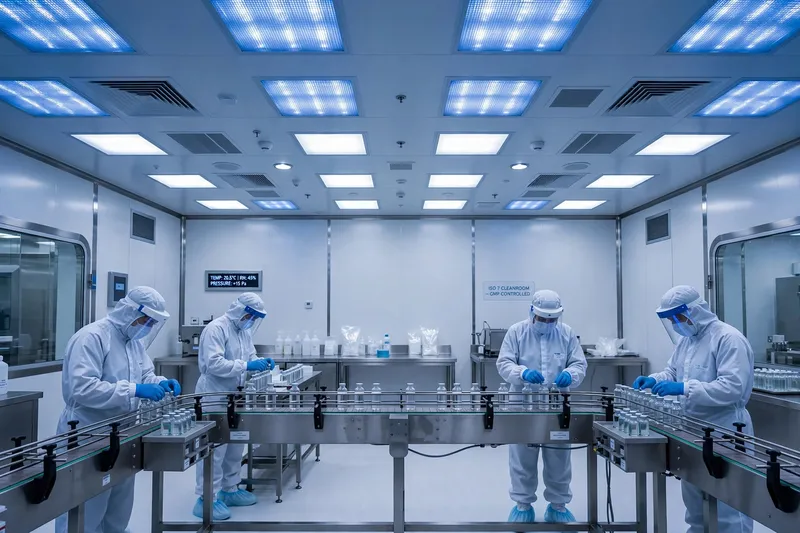Работники в защитных костюмах на линии розлива на фармацевтическом производстве