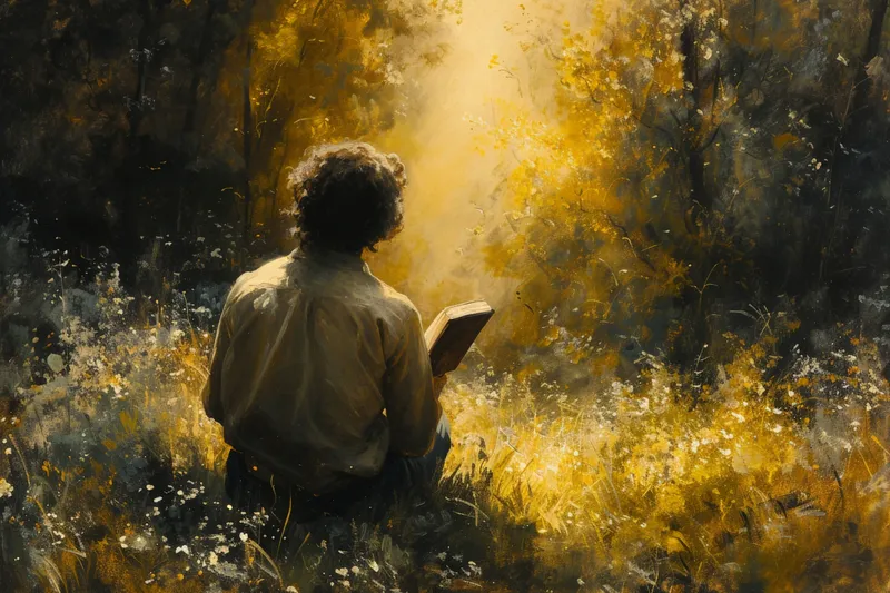 Безмятежная сцена: мужчина, погруженный в чтение книги, сидит среди безмятежного луга, полного ярких полевых цветов