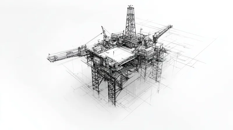 Эта черно-белая иллюстрация изображает морскую нефтяную платформу, подчеркивая ее структурные элементы и механические компоненты