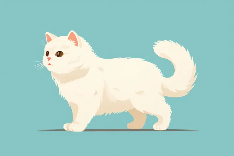 Милый мультяшный котенок на белом фоне: счастливая домашняя породистая кошка