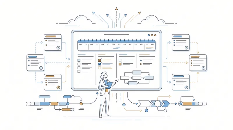 Центрированная графика в стиле лайн-арт: доска для планирования проектов с задачами и этапами, полезная для бизнес-планирования, стратегических презентаций и контента о рабочих процессах
