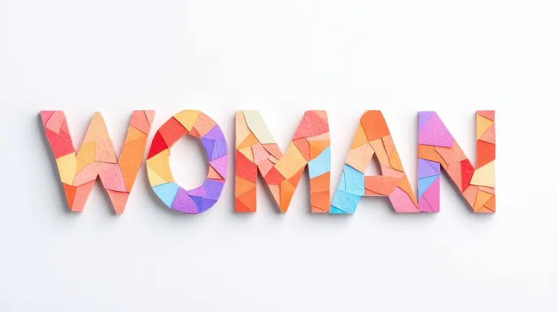 Яркая бумажная коллаж, составляющая слово WOMAN, демонстрирует творчество и расширение прав и возможностей женщин, используя яркие цвета и геометрические формы