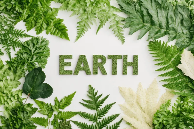 Яркая композиция из различных зеленых листьев, окружающих слово EARTH, символизирующая природу, экологичность и устойчивое развитие, идеально подходит для тем экологической осведомленности