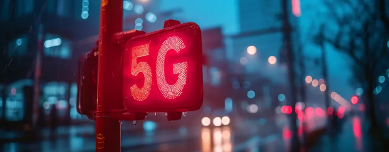 Ночная городская улица с освещенной красной вывеской 5g, концепция городской технологической связности в современном мегаполисе ночью