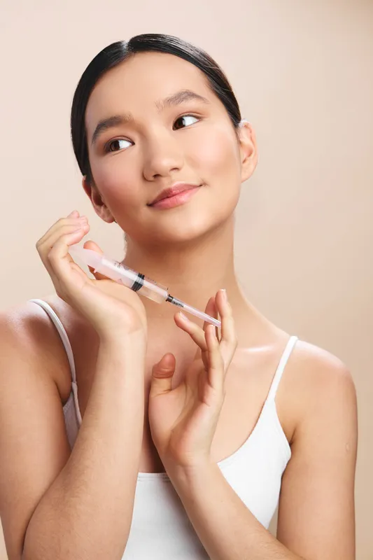Asian woman demonstrates calm professionalism as she prepares a syringe, conveying care and focus in a clinical setting, highlighting trust and competence in medical practice.