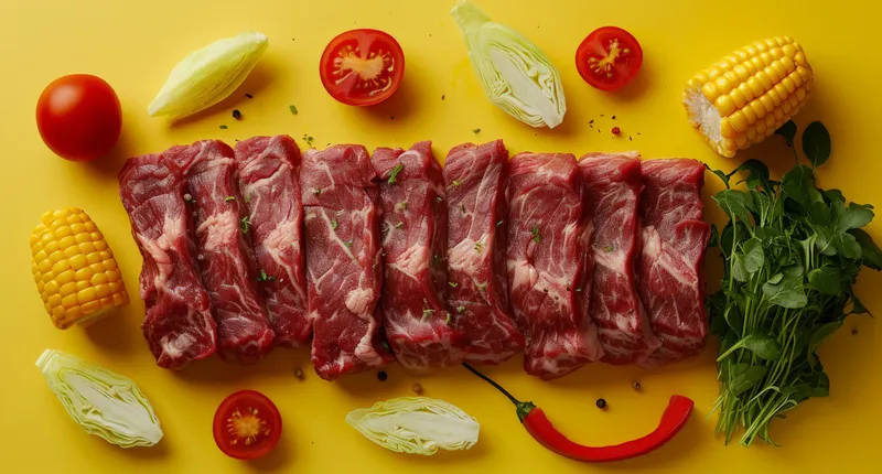 Сырое мясо, разнообразные овощи и кукуруза на желтом фоне, вид сверху, плоская композиция, свежие ингредиенты для приготовления