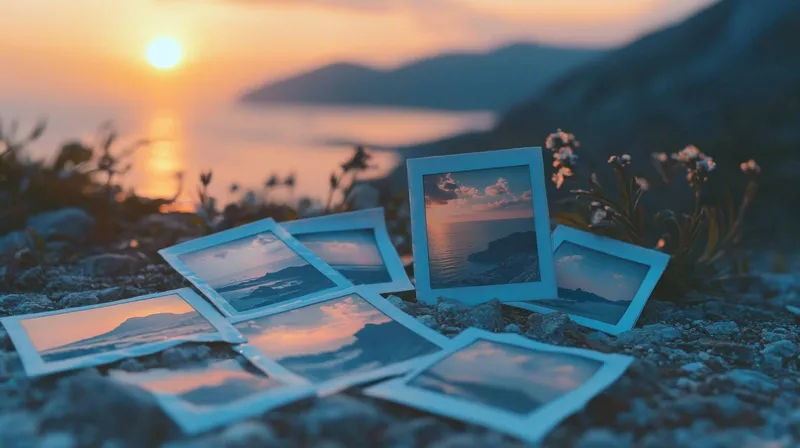 Коллекция винтажных фотографий с изображением красивых пейзажей и видов на океан, лежащих на камнях, освещенных теплым сиянием заката