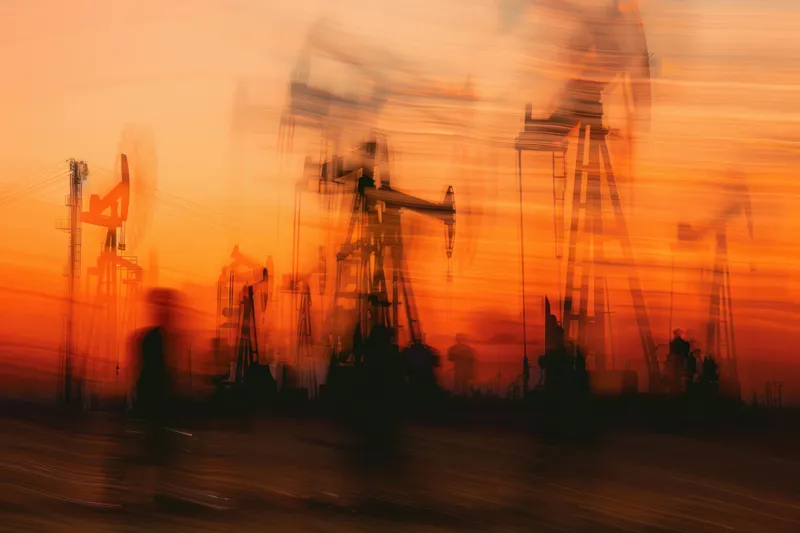 Нефтяные насосы с эффектом размытия в движении на фоне яркого заката, иллюстрирующие энергию и активность нефтяной промышленности в абстрактном стиле, создающие драматическое визуальное воздействие