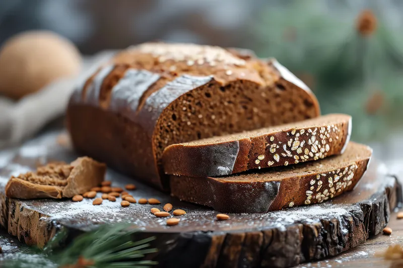 Деревенские хлебобулочные изделия: крупный план вкусного домашнего цельнозернового ржаного хлеба на деревянном столе