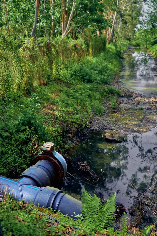 Pipe valve beside creek in forest, rusted metal pipeline near water and wetland vegetation, moss and ferns on banks, environmental detail of rural utility and decay
