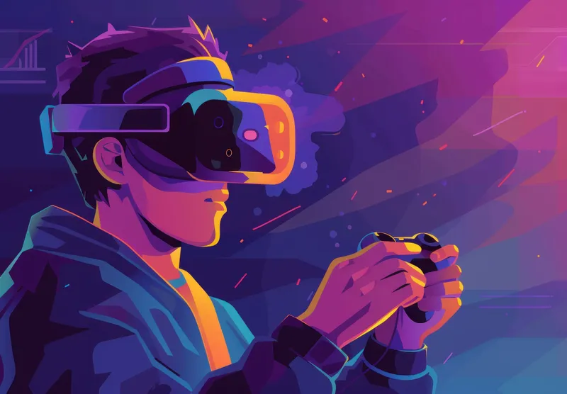 Человек играет в виртуальную реальность: на нём VR-шлем, в руках контроллер
