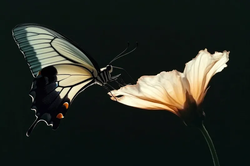 Захватывающая чёрно-белая бабочка касается безмятежного белого цветка, демонстрируя элегантность природной красоты и трансформации на глубоком фоне