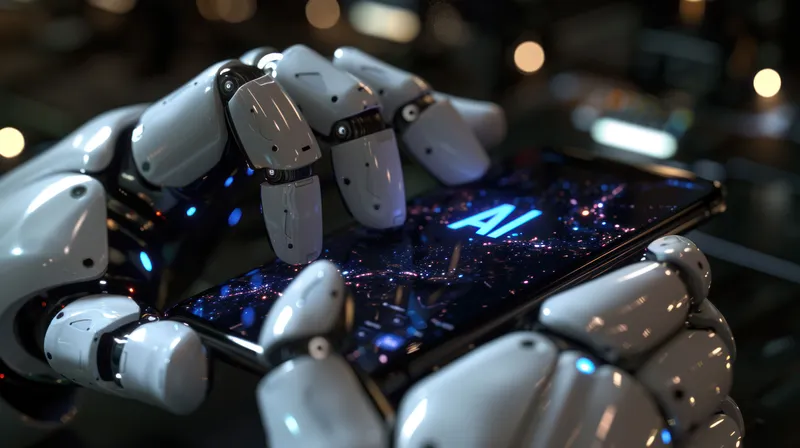 Рука робота держит мобильный телефон с надписью AI на экране, технологическая концепция искусственного интеллекта