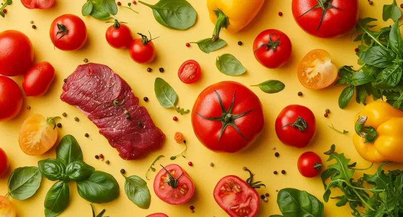 Ассорти из свежих сырых овощей и мясных ингредиентов на ярком жёлтом фоне, вид сверху, плоская композиция