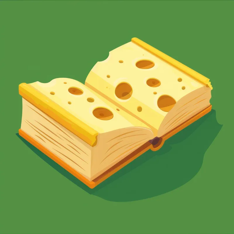 Причудливая иллюстрация открытой книги, напоминающей сыр, с дырками на ярком зеленом фоне