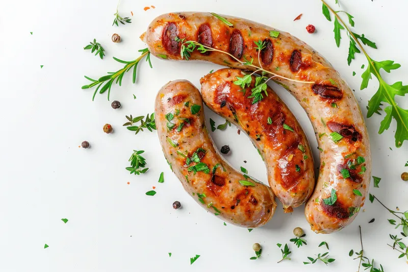 Вкусные жареные сосиски с травами, включая петрушку и тимьян, разложенные на чистой белой поверхности