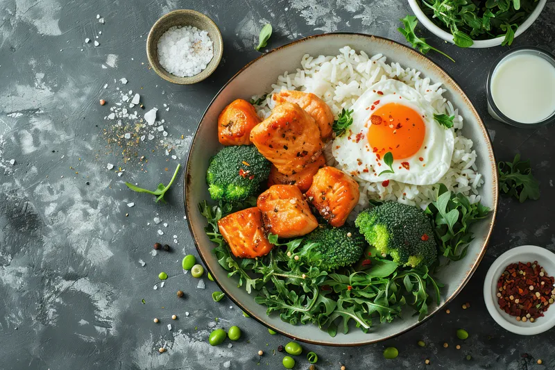 Вкусный жареный рис с курицей-гриль и овощами на зеленой тарелке: полезное, изысканное азиатское блюдо