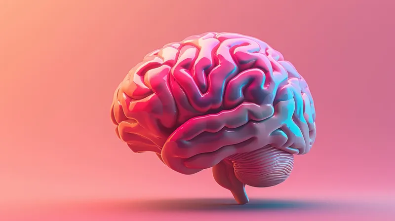 Трехмерная модель человеческого мозга на розово-голубом фоне со словом «brain» в верхнем левом углу