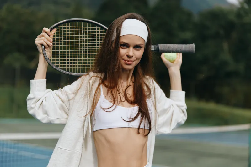 Young female tennis player in sporty attire holding a racket and ball, exuding confidence on a lush outdoor court, showcasing vibrant energy and sports enthusiasm