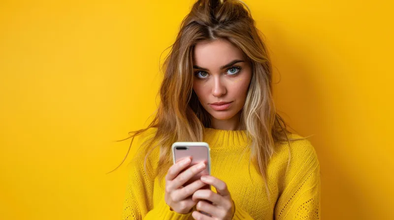 Молодая женщина в жёлтом свитере пользуется смартфоном на жёлтом фоне