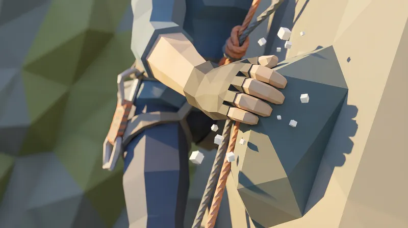 Крупный план в стиле low-poly: скалолаз цепляется за скалу, видны веревка и детали магнезии