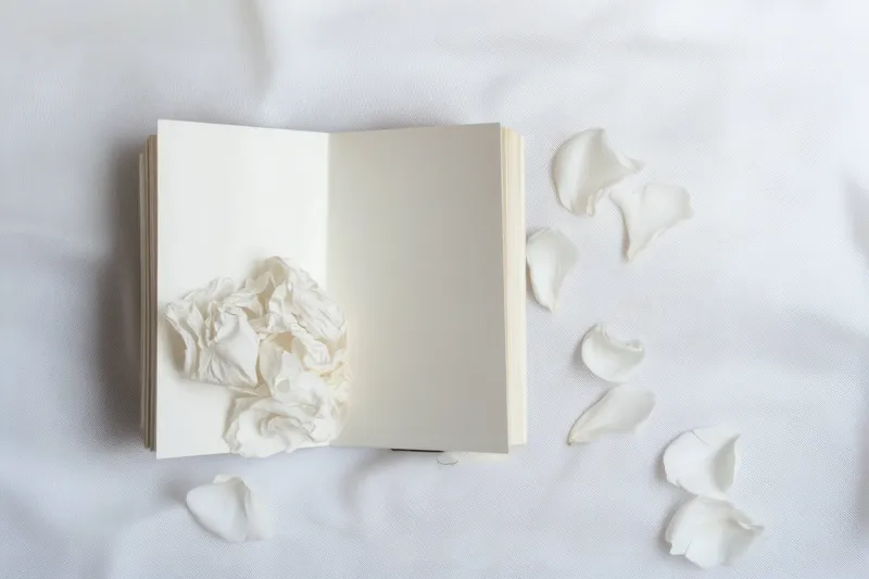 Открытая книга с мятыми страницами и нежными белыми лепестками на светлом фоне — изображение творчества, эмоций и умиротворения в минималистичной обстановке