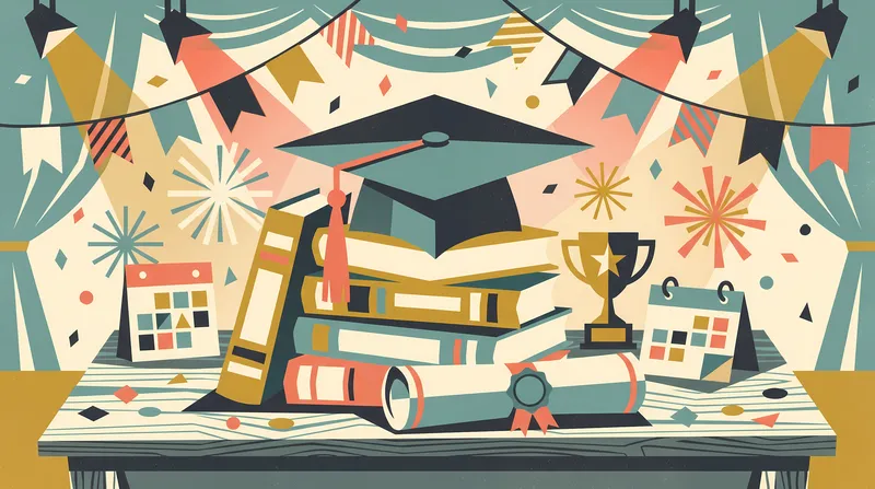 Ретро-сцена выпускного в стиле середины века с шапочкой, книгами, дипломным тубусом, трофеем, конфетти и элементами сцены для кампаний, посвященных образовательным достижениям