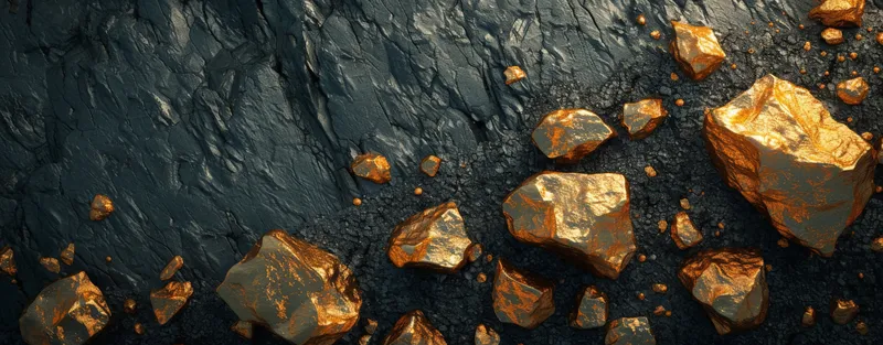 Золотые камни, разбросанные по темной каменистой поверхности фона, 3D рендеринг для дизайна и вдохновения