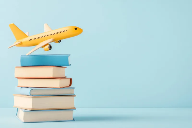 Веселая модель желтого самолетика, парящего над стопкой синих и белых книг, олицетворяющая путешествие обучения и исследований