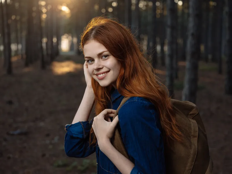 Женщина в синей рубашке с рюкзаком за спиной, вид сбоку, в сосновом лесу