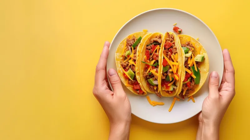 Крупный план рук, подающих тарелку с вкусными тако, наполненными красочными ингредиентами, на ярко-желтом фоне
