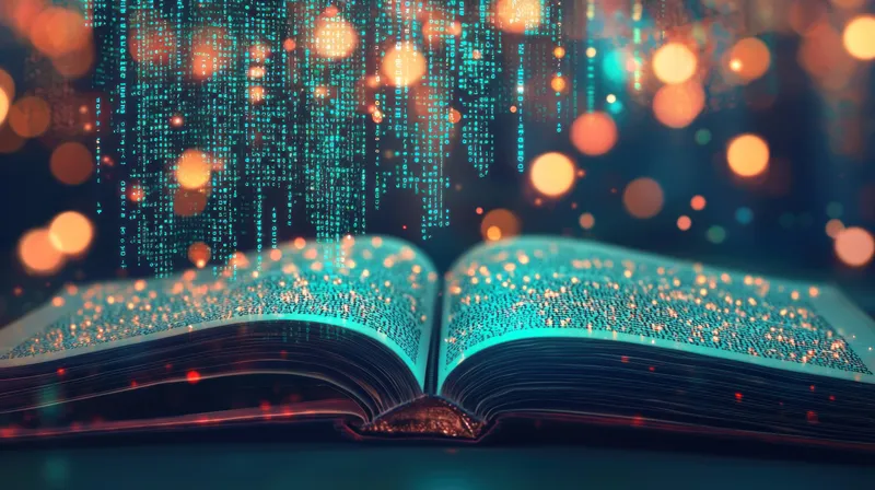 Открытая книга излучает искры и свечение на фоне ярких огней боке и цифрового двоичного кода, олицетворяя слияние знаний и технологий