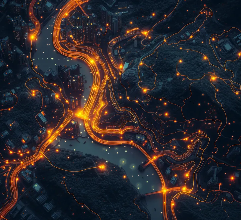 Ночной городской пейзаж с освещёнными дорогами и зданиями, вид сверху, городские огни на заднем плане