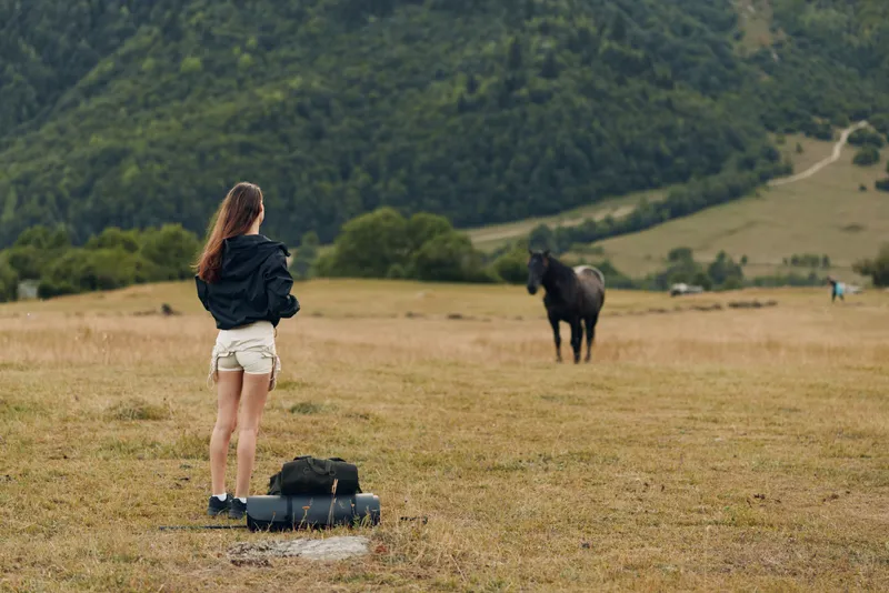 A young girl stands in an open meadow, facing a distant horse with rolling hills in the background. Her stance suggests curiosity, solitude, and rural adventure.