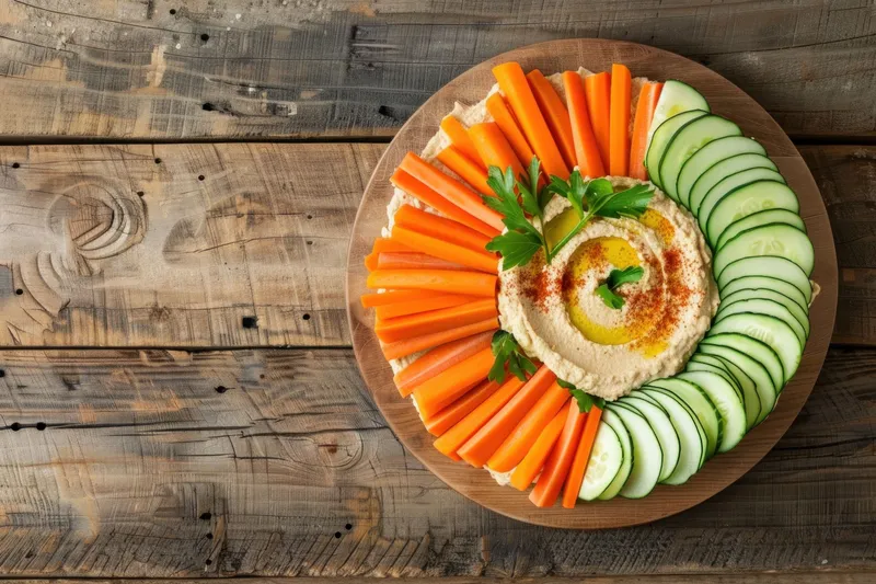 Яркая композиция из моркови, огурцов и хумуса, выложенная на деревянном блюде