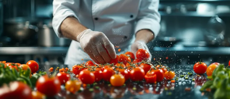 Создание кулинарных шедевров: шеф-повар профессионально готовит свежие помидоры на профессиональной кухне