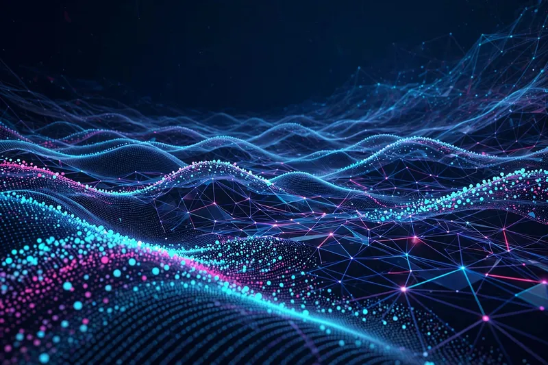 3D-рендер цифровых волн с неоновой сеткой частиц
