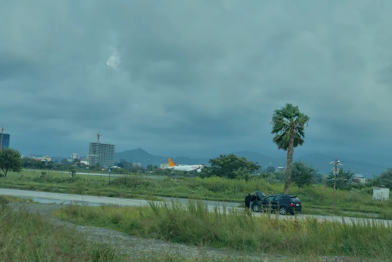 Car on a rural roadside beside a grassy field under a moody sky with a lone palm and distant buildings, conveying travel, landscape and quiet highway atmosphere