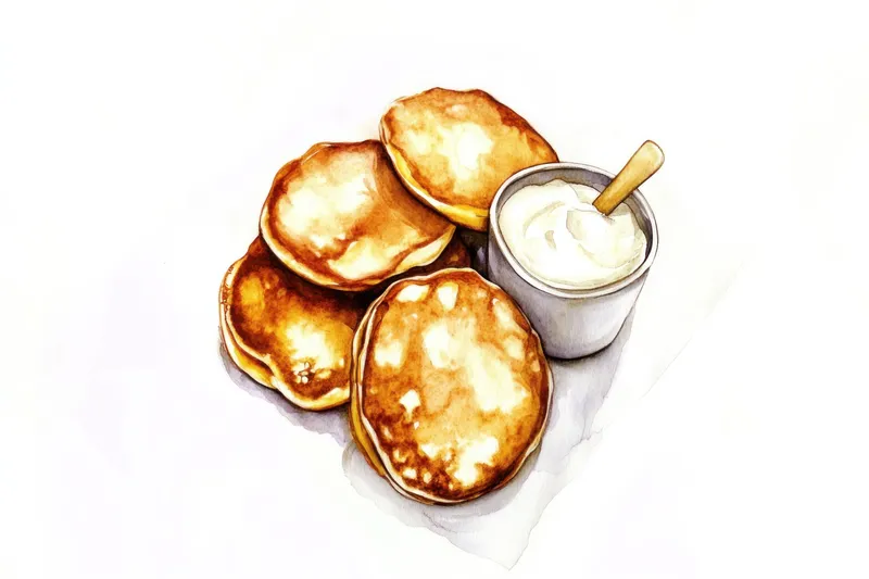 Вкусные пышные блины, поданные с ложкой сметаны на чистом белом фоне