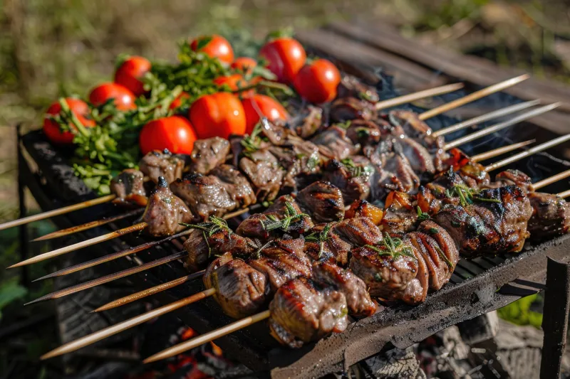 Пикантные кебабы из сочного мяса, украшенные свежей зеленью и дополненные спелыми помидорами, демонстрирующие яркую атмосферу барбекю на открытом воздухе
