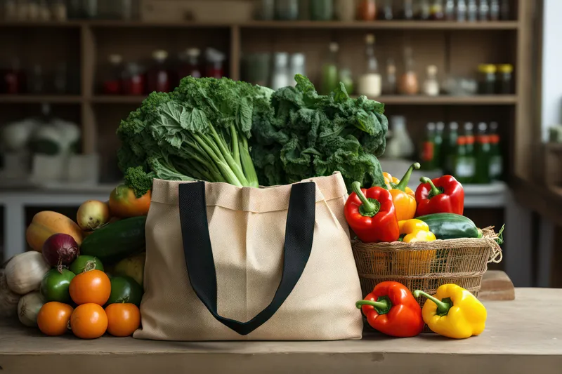 Свежие и органические продукты: пакет с полезными овощами на зелёном фоне