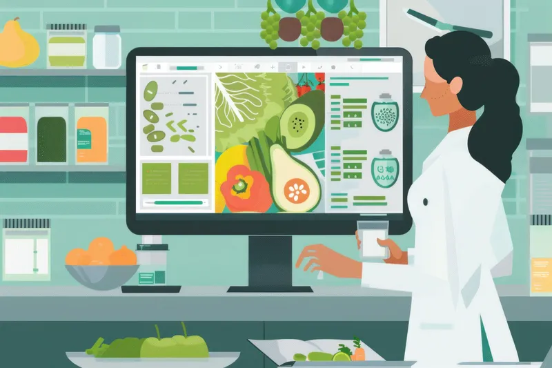 Женщина-ученый анализирует данные о продуктах питания на экране компьютера в лаборатории